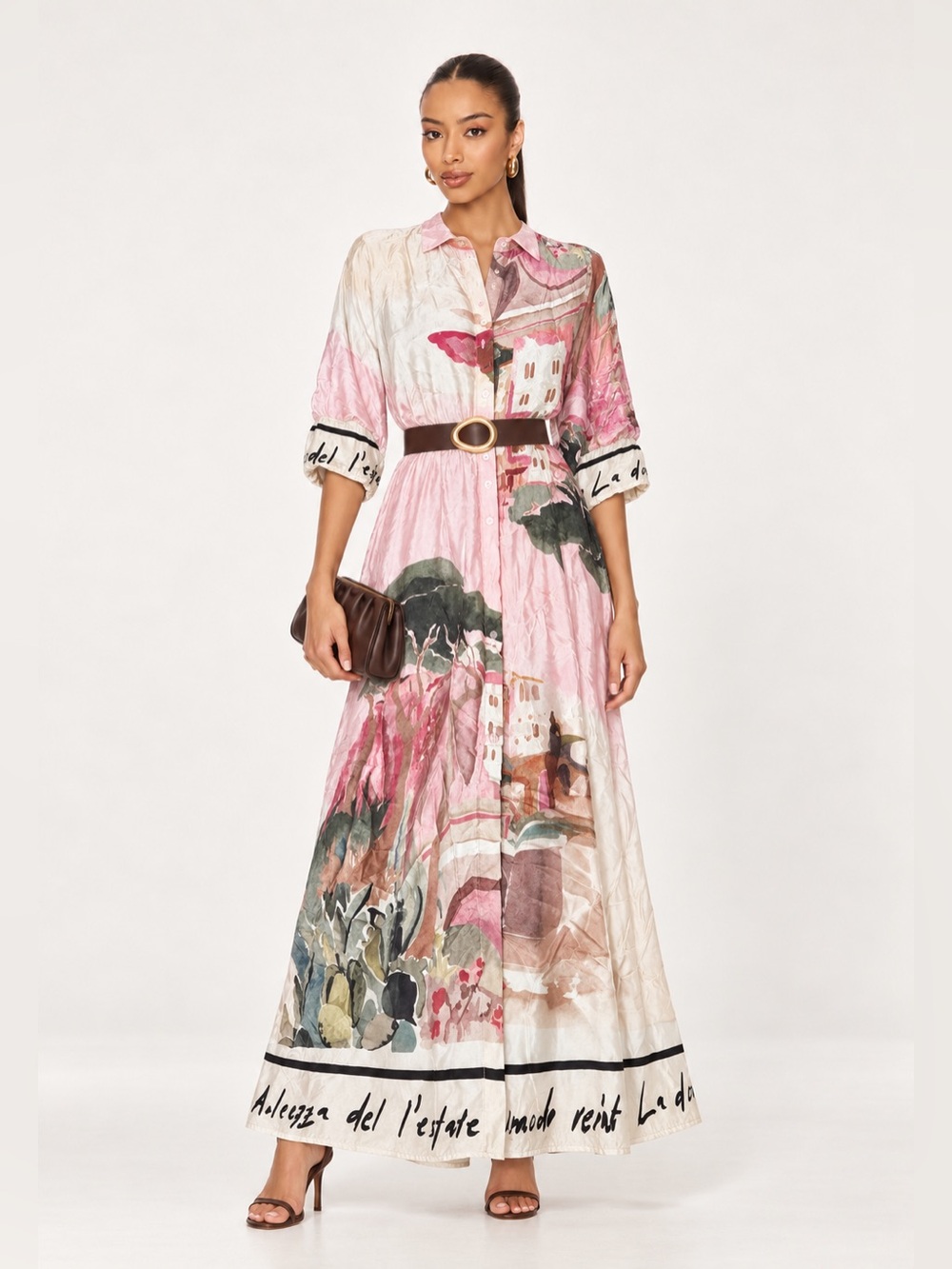 REVOLVE Painted Landscape Button-Down Maxi Dress in Pink and Cream